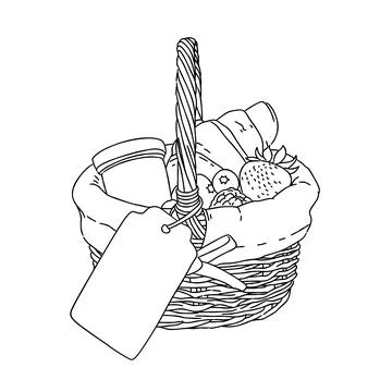 A gift basket with fruit and a tag on it line art drawing issolated on white. Fo Stock Illustration