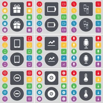 Gift, Battery, Connection, Tablet PC, Graph, Microphone, Minus, Disk, Thermomete Stock Illustration