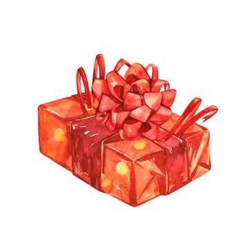 Gift with big red bow. Set of watercolor illustrations of christmas decor Stock Illustration