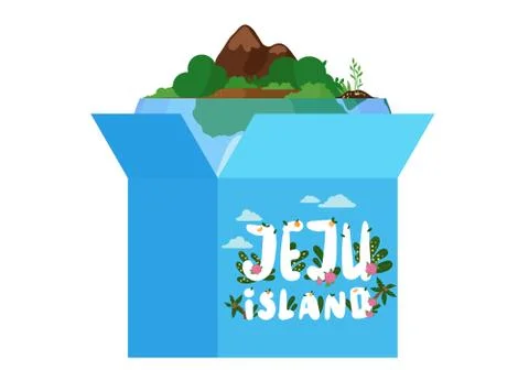 Gift blue open box with a piece of green island with trees and mountains and Illustrazione stock