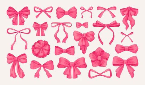 Gift bow. Hand drawn pink ribbon. Cute vintage tied knot for holiday present Stock Illustration