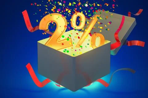 Gift box with 2 percent inside. Holidays discount and offer concept. 3D rende Stock Illustration