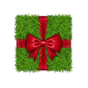 Gift box 3D. Green grass box top view, red ribbon bow, isolated white backgro Illustrazione stock