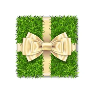Gift box 3D. Green grass box top view, gold ribbon bow, isolated white backgr Ilustração Stock