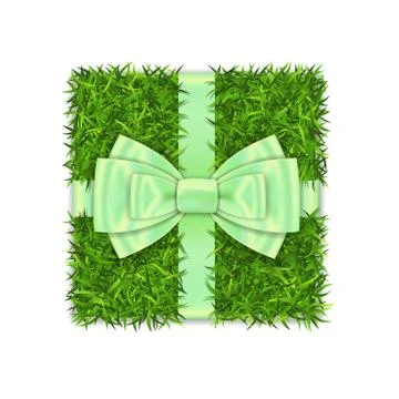 Gift box 3D. Green grass box top view, green ribbon bow isolated white backgr Ilustração Stock