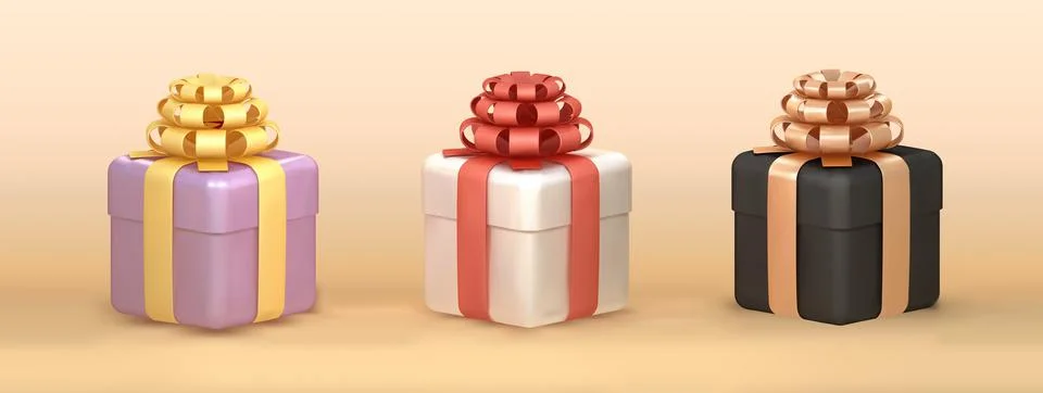 Gift box 3d icon set. soft lilac black and white gift box 3d illustration. Stock Illustration