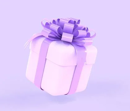 Gift box 3d present in white wrapping paper with purple ribbon and bow on Illustrazione stock