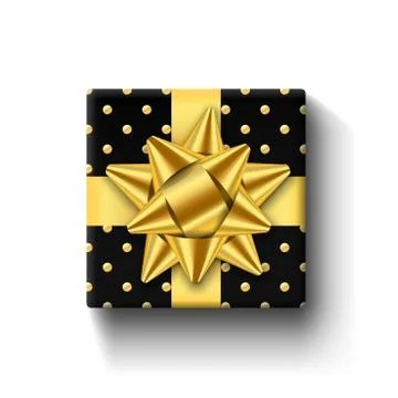 Gift box 3d top view, isolated white background. Gold ribbon on black square  Stock Illustration