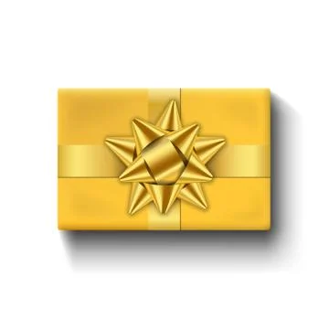 Gift box 3d top view, golden ribbon bow. Isolated white background. Decoratio Stock Illustration