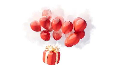 Gift box and balloon with cloud background, 3d rendering. Illustrazione stock