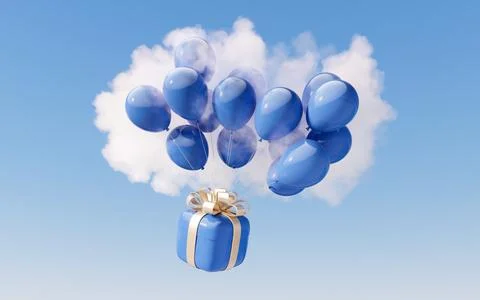 Gift box and balloon with cloud background, 3d rendering. Illustrazione stock