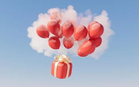 Gift box and balloon with cloud background, 3d rendering. Illustrazione stock
