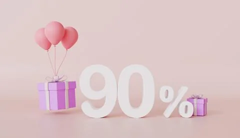 Gift box and balloons with ninety percent sign, Festive gift surprise Illustrazione stock