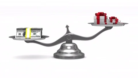 Gift box and cash on scale. Isolated 3D render Stock Footage 73314286