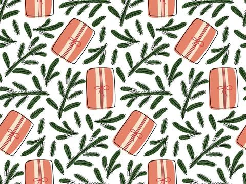 Gift box and Christmas tree branches Seamless pattern. Gift boxes and winter 스톡 일러스트