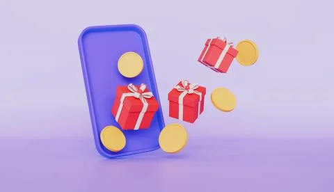 Gift box and coins emerging from smartphone, Excitement of digital rewards Stock Illustration