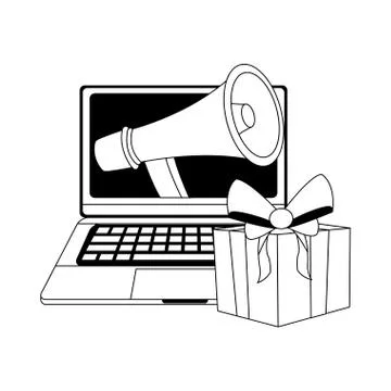 Gift box and computer with megaphone on screen, flat design Stock Illustration