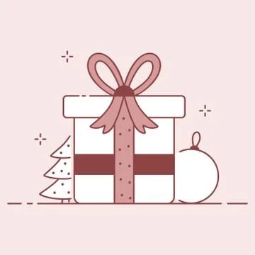Gift box and decorations winter holiday composition. Christmas or new year fl Stock Illustration