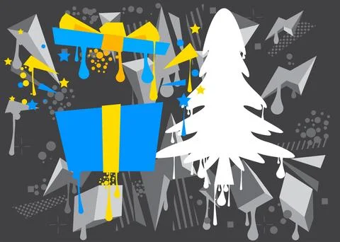 Gift box and pine tree graffiti tag. Abstract modern street art decoration .. Stock Illustration