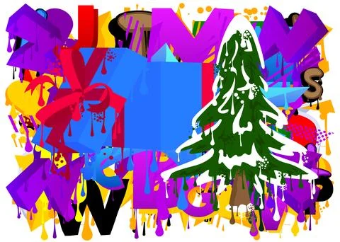 Gift box and pine tree graffiti tag. Abstract modern street art decoration .. 스톡 일러스트