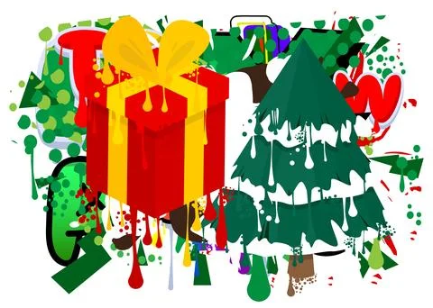 Gift box and pine tree graffiti tag. Abstract modern street art decoration .. Stock Illustration