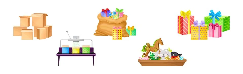 Gift Box and Present Wrap on Conveyor Belt and in Sack Vector Set Stock Illustration