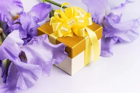 Gift box and purple iris flowers Stock Photos