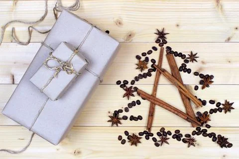 Gift box and rustic decorations Stock Photos