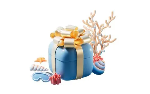 Gift box and seabed scene with cartoon style, 3d rendering. Stock Illustration