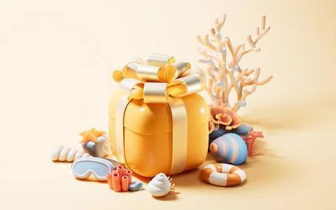 Gift box and seabed scene with cartoon style, 3d rendering. Stock Illustration