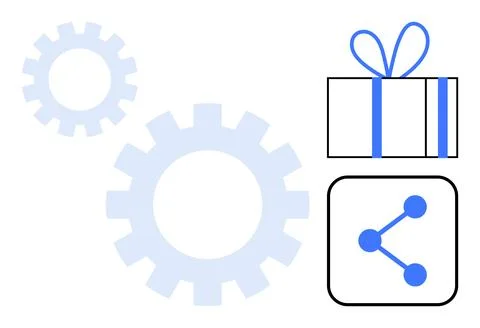 Gift box and share icon connected with gear wheels representing integration.. Stock Illustration