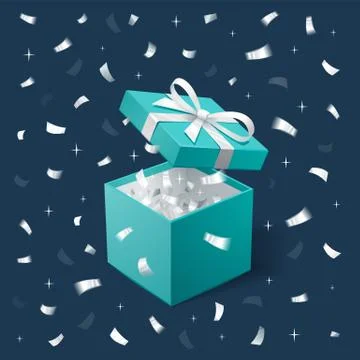 Gift Box and silver Confetti. Teal jewelry box on dark background. Stock Illustration