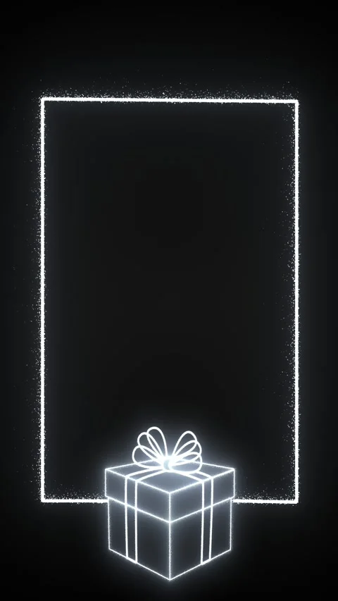 A gift box appears on a dark background, and from it a frame made of white neon Stock Footage 310113473