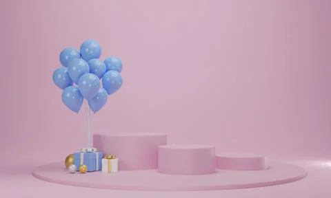 Gift box with balloon and circle podium on pink pastel background. イラスト素材
