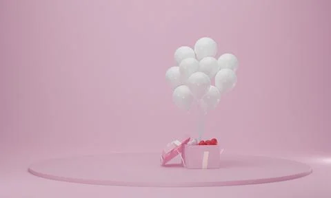 Gift box with balloon and circle podium. Abstract celebration platform scene. Stock Photos