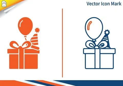 Gift box balloon party hat icon orange and blue. Stock Illustration