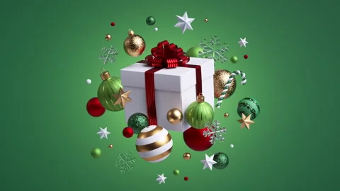 Gift box, baubles, candy canes, stars, and snowflakes fly in from all sides Video stock 318421046