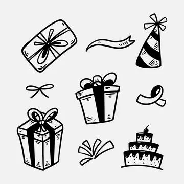 Gift box birthday doodle set hand drawn silhouette Stock Illustration