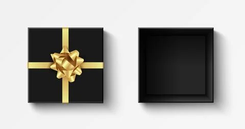 Gift box. Black pack with gold silk bow. realistic open box. Illustrazione stock