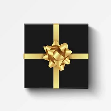 Gift box. Black pack with gold silk bow. Vector realistic open box. Stock Illustration