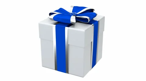 Gift box with blue and silver ribbon 3D looping animation with alpha mask Stockbeeldmateriaal 68584880