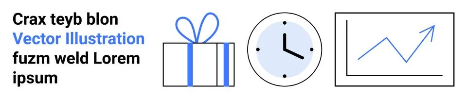 Gift box with blue bow, clock showing time, upward trending graph line. Ideal Illustrazione stock