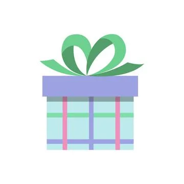 Gift box. Blue checkered present box with green bow. Flat, cartoon, vector Illustrazione stock