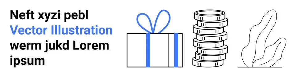 Gift box with blue ribbon, stack of coins, and a leafy plant beside text. Ide イラスト素材