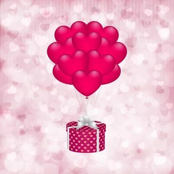 Gift box with bow and balloons on a blurry bokeh background with hearts. Ve.. Stock Illustration