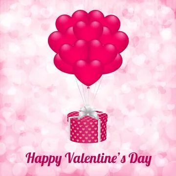 Gift box with bow and balloons on a blurry bokeh background with hearts. illu Stock Illustration