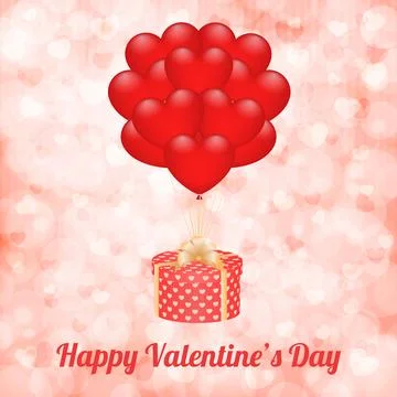 Gift box with bow and balloons on a blurry bokeh background with hearts. il.. Stock Illustration