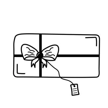 Gift box with bow and label in doodle style. Stock Illustration