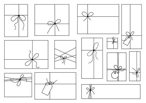 Gift box with bow and label tag on ribbon string vector silhouette icon set. 스톡 일러스트