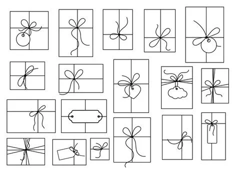Gift box with bow and label tag on ribbon string vector silhouette icon set. Stock Illustration